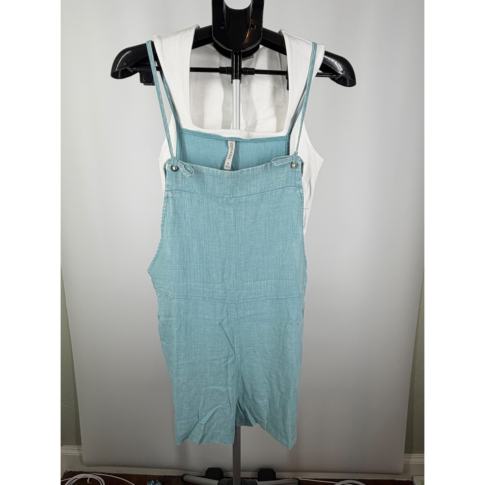 Zenana Womens Blue Linen Blend Shortall Romper‎ and White Crop Tank Set Size M